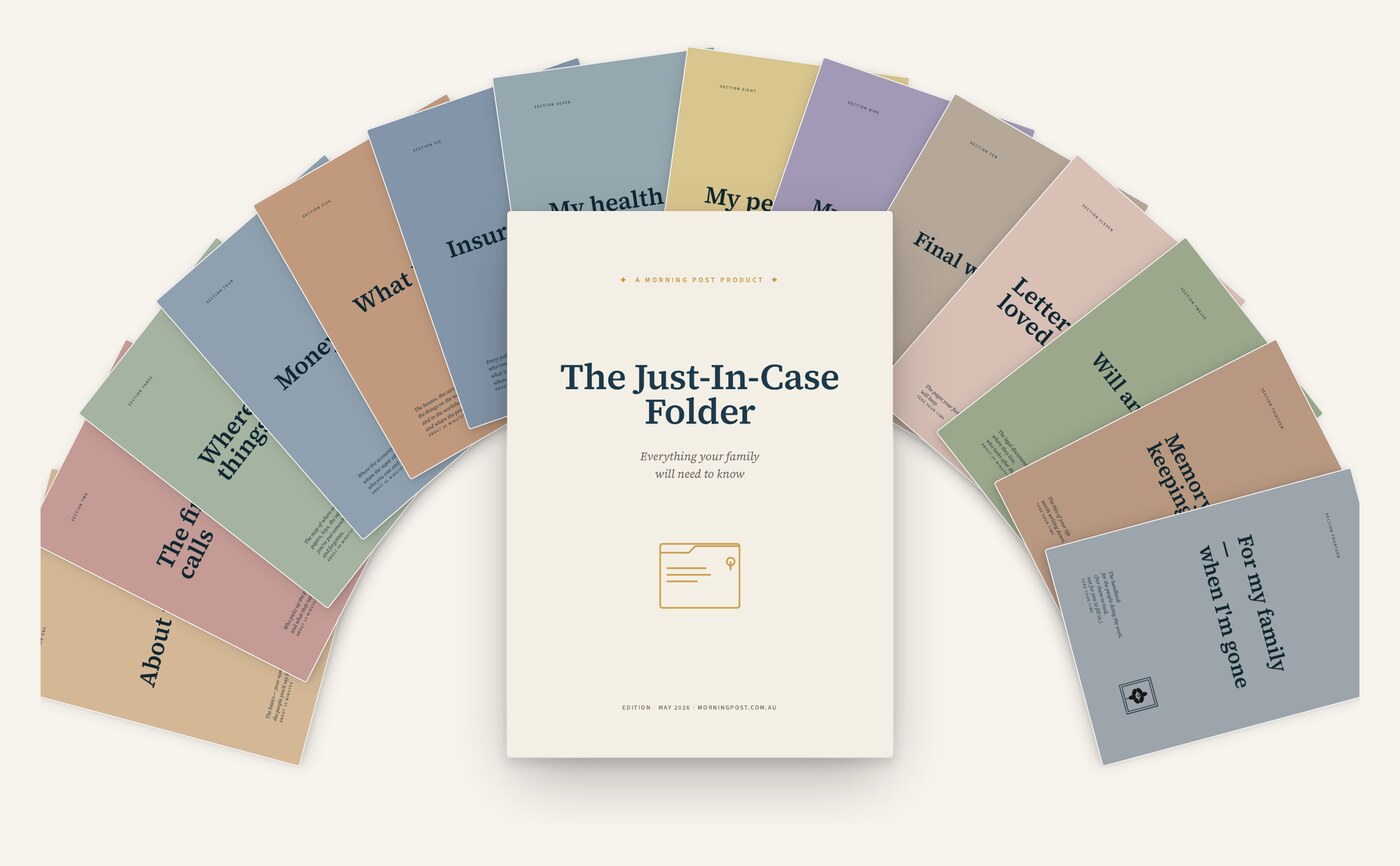 The Just-In-Case Folder — cover and 14 section dividers fanned out